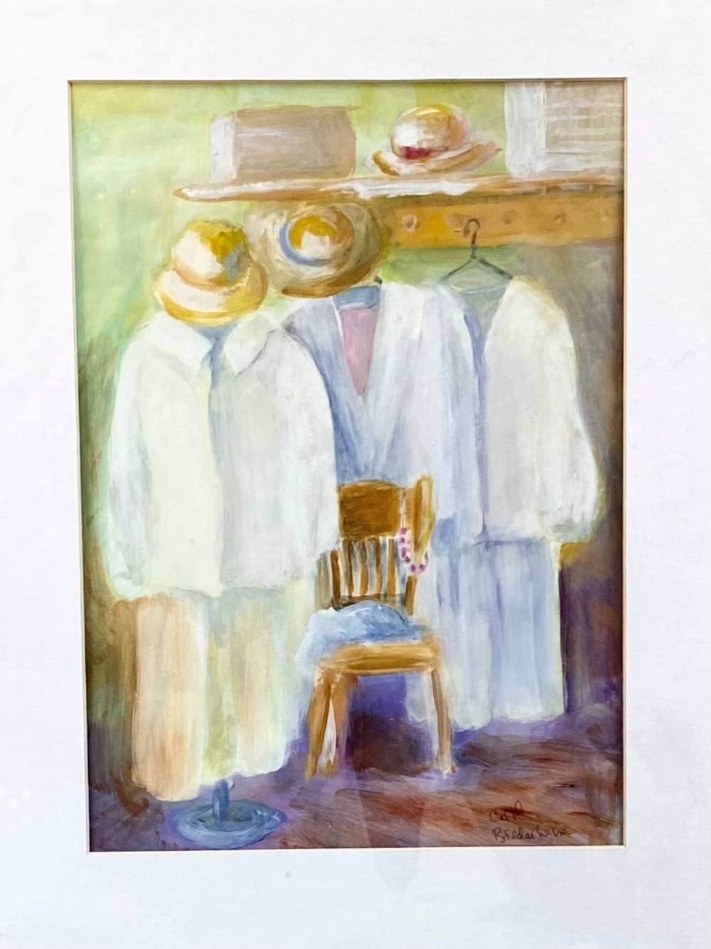 Original acrylic painting 10 by 13” white clothing and hats in store